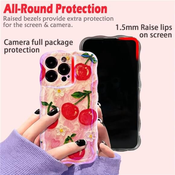 iPhone 14 Pro Max Retro Oil Painting Flower Glossy Cherry Floral Wave Phone Case - Picture 5 of 5